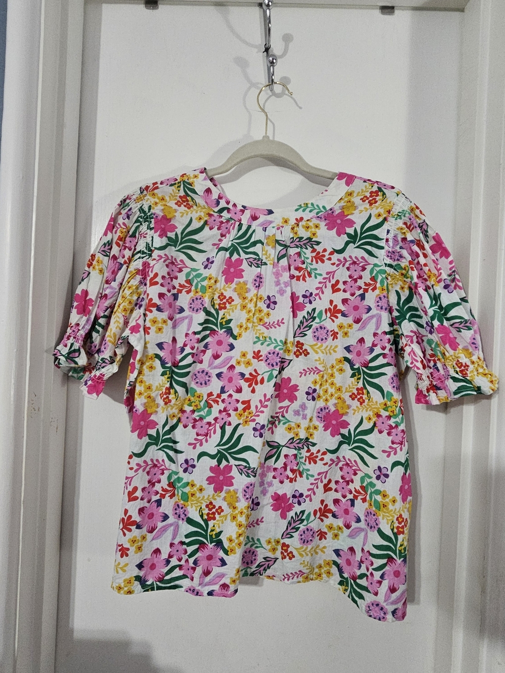 THML White Floral Puff Sleeve Blouse with Pink & Green Accents